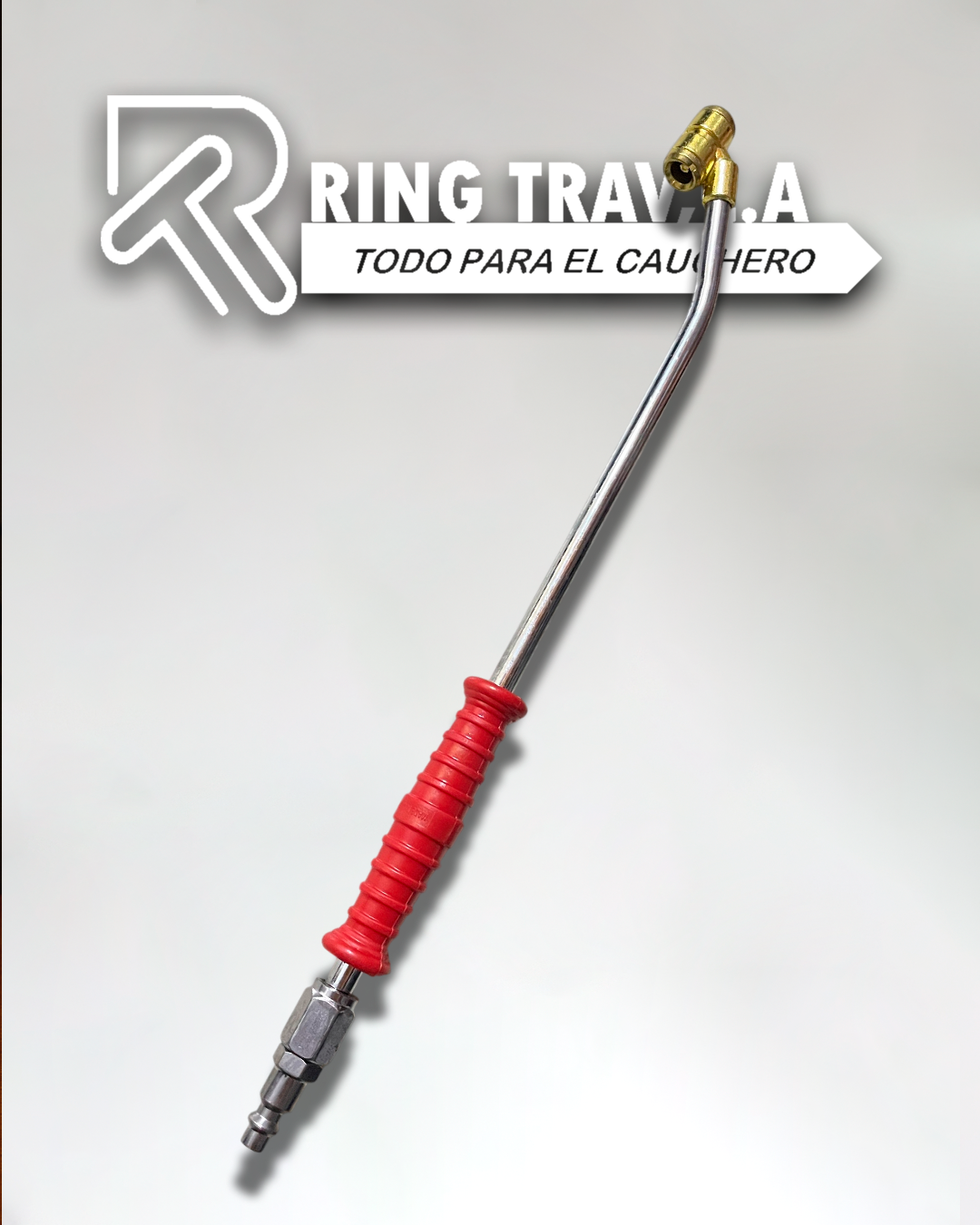 Pico inflador de aire largo 40cm con mango rojo y doble cabezal de bronce para camiones y caucheras
