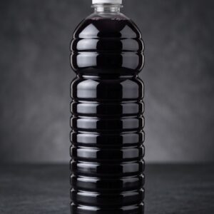 Una botella de plástico estriado y translúcido que contiene un líquido sellante de alta densidad de color oscuro, diseñado para prevenir y reparar pinchazos en neumáticos sin cámara