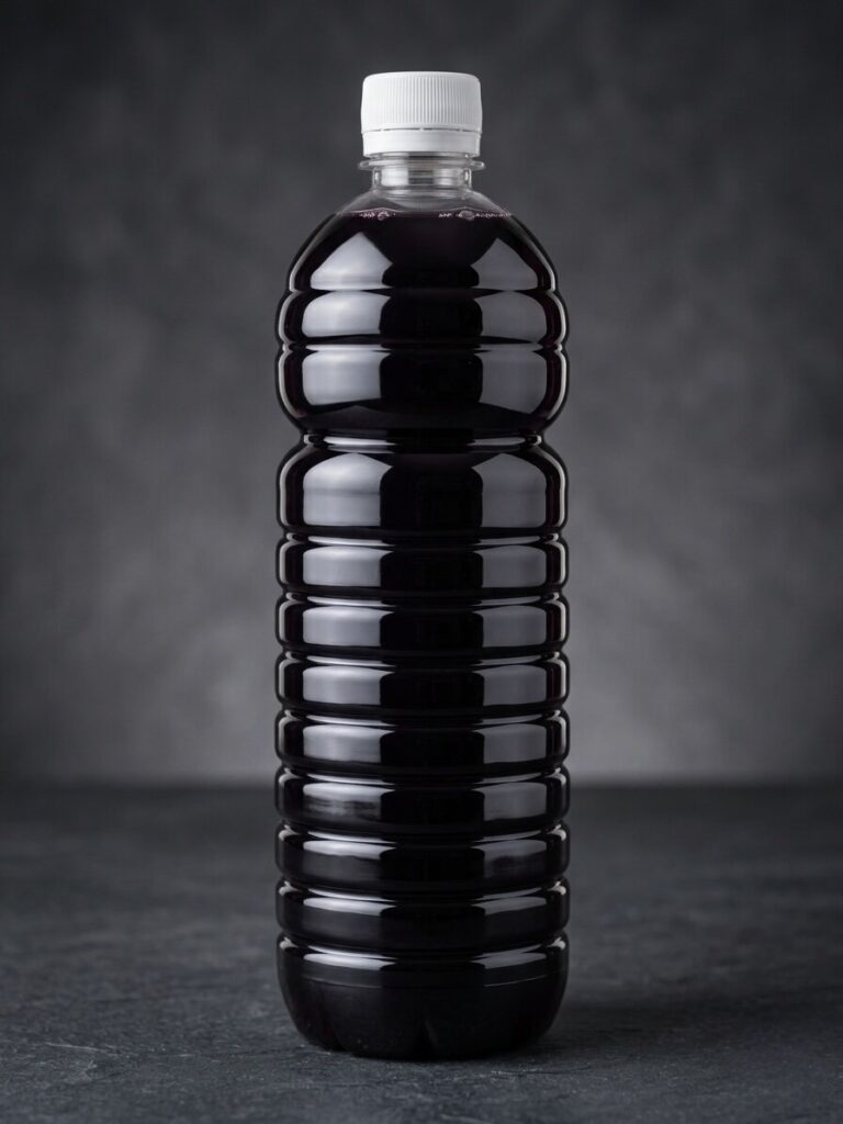 Una botella de plástico estriado y translúcido que contiene un líquido sellante de alta densidad de color oscuro, diseñado para prevenir y reparar pinchazos en neumáticos sin cámara