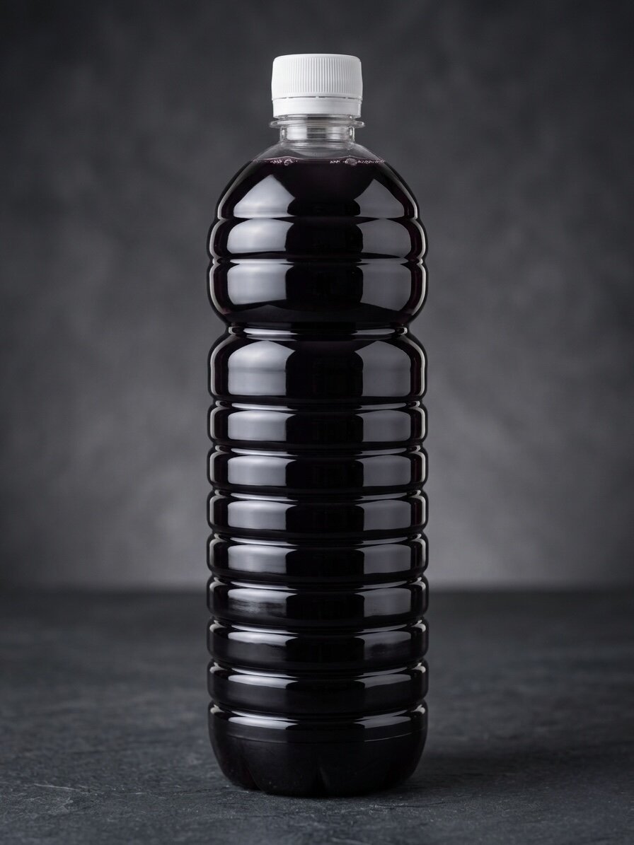 Una botella de plástico estriado y translúcido que contiene un líquido sellante de alta densidad de color oscuro, diseñado para prevenir y reparar pinchazos en neumáticos sin cámara