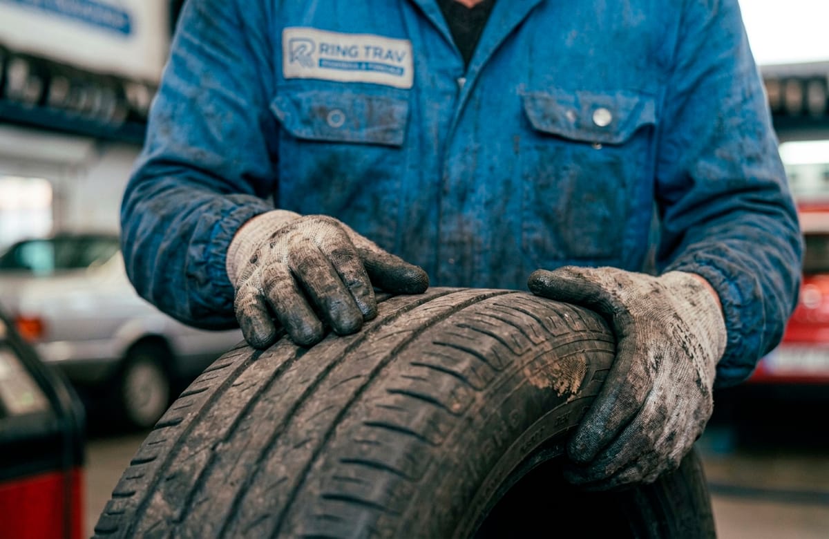 Primer plano de las manos de un mecánico con guantes sucios sosteniendo una llanta de automóvil
