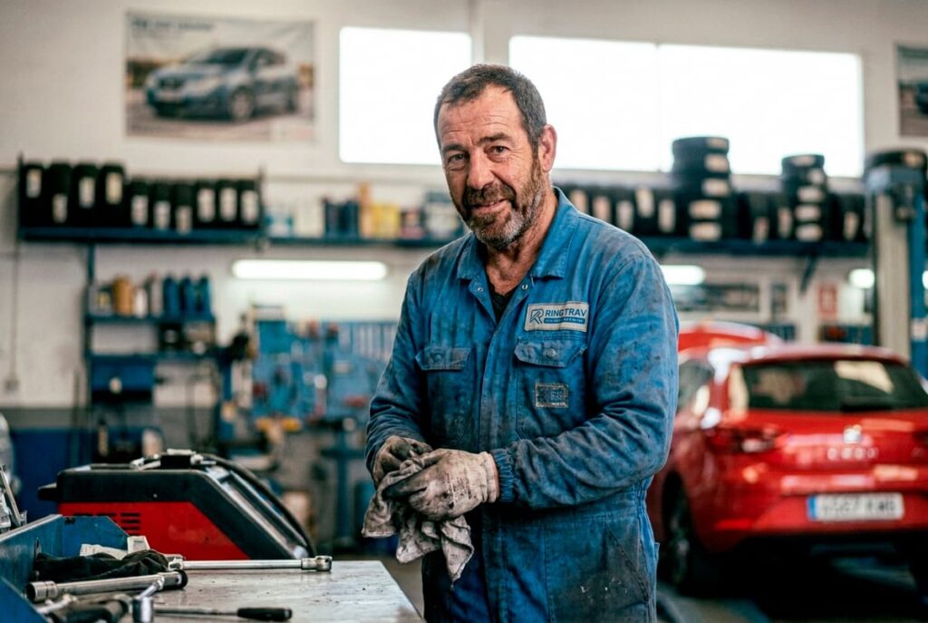 Mecánico automotriz sonriendo con uniforme azul, sosteniendo un trapo en sus manos dentro de un taller